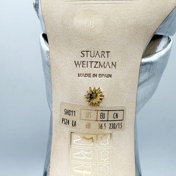 Stuart Weitzman Womens Sofia 45 Slide High Heels Size 6 Silver Leather Bow NIB - Picture 14 of 14